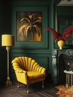 a living room with green walls and yellow chairs