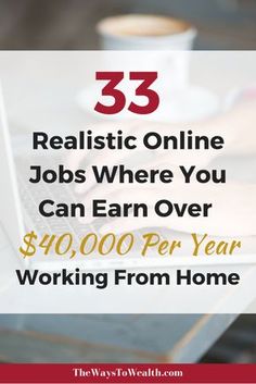 a laptop computer sitting on top of a desk next to a cup of coffee with the words, 33 realistic online jobs where you can earn over $ 500 per year working from home