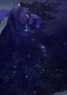 a woman with long hair standing on top of a mountain in the sky next to stars