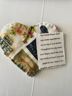 a piece of cloth with a tag attached to it that says, this pocket prayer guilt was made especially for you up in your pocket through the day when your