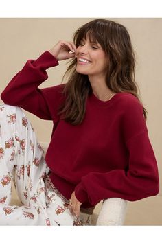 Cozy & warm Real Good Belair yarn/Ribbed trim at crewneck, cuffs & hem/Fitted hem Aerie Sweater, Aerie The Chill Crew Sweatshirt, Aerie Henley Sweatshirt, Aerie Buttercream Crew Sweater, Aerie Beyond Chenille Sweater, Aerie Clothing, Boot Cut Leggings, Cropped Crewneck, Bra Dress