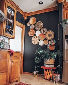 a kitchen with lots of plates hanging on the wall and potted plants in front of it