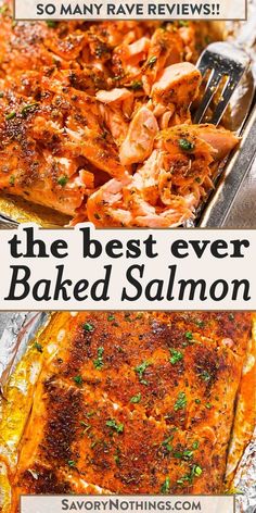 the best ever baked salmon recipe in a pan with text overlay that reads, the best ever baked salmon