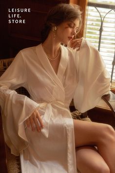 Luxury Satin Wedding Gown Bridal Gown Nightgown Satin Wedding Nightgown Satin Bridal Kimono Bathrobe Long Satin Bathrobe White V-neck Night Dress, White V-neck Robe For Sleep, Fitted White V-neck Robe, Elegant White Honeymoon Gown, White Long Bridal Robe, White Long-sleeved Robe For Brides, Satin Wedding Nightgown, White Long Sleeve Bride Robe, White Satin Evening Robe