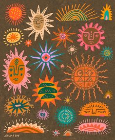 the sun and stars are drawn in different colors on brown paper, with an orange background