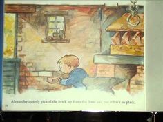 an open children's book with a drawing of a boy sitting at a table