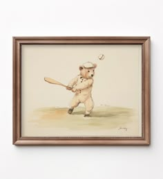 a painting of a bear holding a baseball bat in it's right hand and hitting the ball