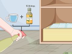 a person is cleaning the floor in front of a book shelf with a spray bottle