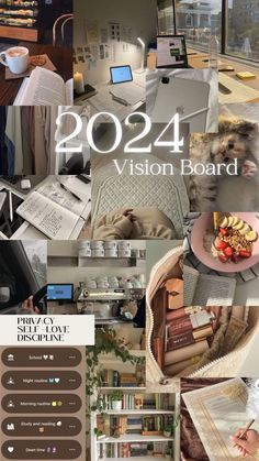 a collage of photos with the words vision board written in white and brown colors