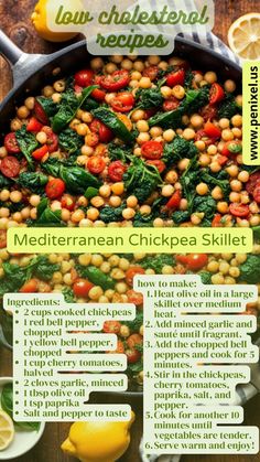 the ingredients for mediterraneanan chickpea skillet are shown in this recipe, including lemons and spinach