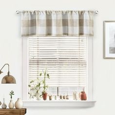 a kitchen window with white blinds and potted plants on the windowsill in front of it