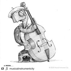 a drawing of a cartoon character playing the cello with his head resting on top of a tortoise shell