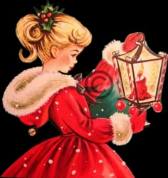 an old fashioned christmas card with a girl holding a lantern