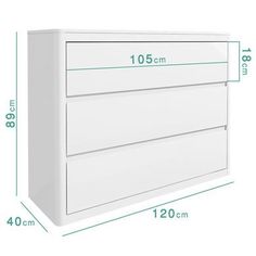 a white dresser with measurements for the top and bottom drawers on each side is shown