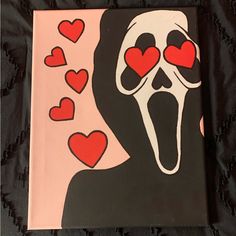 a painting of a skeleton with hearts on it's eyes and mouth is shown