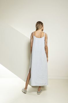 "Natural linen maxi dress. This dark blue linen dress is a must-have for your hot summers. Hand-crafted from 100% Lithuanian linen this long linen slip dress is perfect for staying cool in warm climates. This minimal style dress is ankle length, V-neck and is sleeveless which makes it perfect for hot summer days. You can perfectly wear the maxi linen strap dress alone or with a little white t-shirt underneath. Style it with any accessories you like, fits perfectly with a denim jacket or any ligh Linen Sundress For Daywear, Linen Sundress Maxi Dress For Daywear, Linen Sundress With Adjustable Straps For Summer, Linen Sundress With Adjustable Straps, Summer Linen Dress With Adjustable Straps For Daywear, Relaxed Fit Linen Dress For Brunch, Spring Linen Dress With Spaghetti Straps And Tie Back, Spring Linen Maxi Sundress, Linen Maxi Sundress