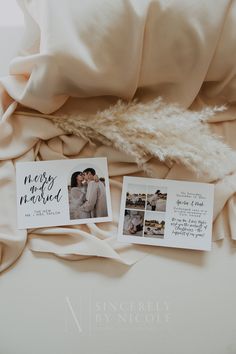 an image of a couple on their wedding day with photos pinned to the bed sheet