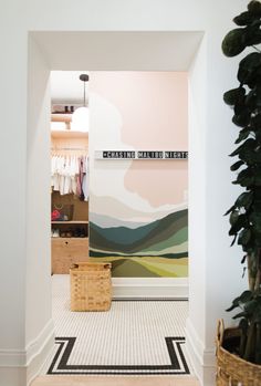 an open closet with a painting on the wall next to a plant in a basket