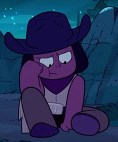 an animated character sitting on the ground wearing a hat and holding his hand to his face