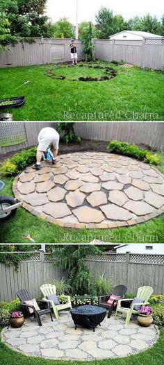 an outdoor fire pit in the middle of a yard