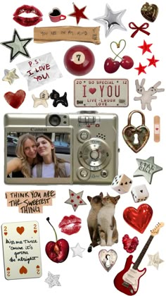 a collage of photos with hearts, stars and other things