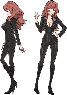 a woman in black catsuits standing next to another woman with long red hair