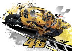 a person riding a motorcycle on top of a yellow and black track with the number 46