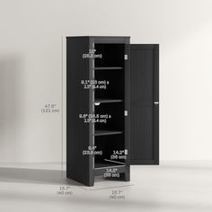 an open cabinet with measurements for the door and shelves in front of it, on a white background