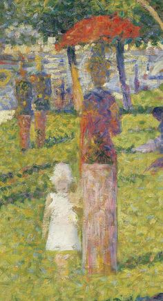 a painting of people in the park with an umbrella over their heads, and one person holding