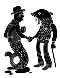 an image of two men shaking hands with a fish on the other side of them