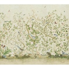 an artistic painting with birds and flowers on the wall in front of a white background