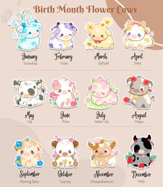 the birth month flower cows stickers are shown in different colors and sizes, including one with