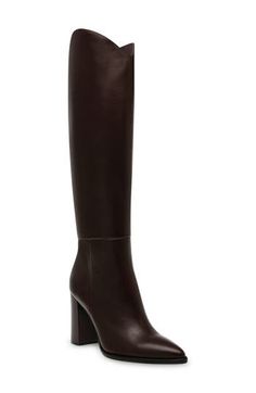 A curved topline amplifies the contemporary appeal of a knee-high leather boot balanced by a pointy toe and wrapped block heel. 3 1/2" heel 14 1/2" shaft; 15" calf circumference Leather upper/synthetic lining and sole Imported Dark Brown Boots, Knee High Leather Boots, Leather Boot, Brown Leather Boots, Dark Brown Leather, Boot Shoes Women, Knee High Boots, Knee High, Steve Madden