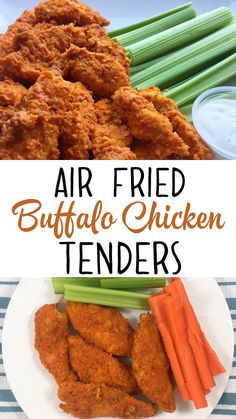 air fried buffalo chicken tenders on a plate with carrots and celery