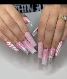 Cute Holiday Nails Acrylic, Trendy Winter Nail Designs, Baby Pink Nails Christmas, Pink Christmas Nail Designs Acrylic, Trendy Christmas Nails Acrylic, Nails Long Christmas, Pink Christmas Acrylic Nails, Pink Winter Nails Acrylic, Baby Pink Nails Design