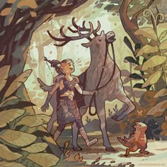 an illustration of a woman and a deer in the woods with leaves on the ground