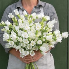 a woman holding a bouquet of white flowers