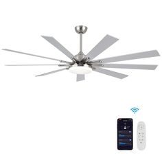 a ceiling fan with remote control and an appliance