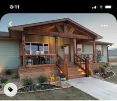 a small house with wooden porchs and steps to the front door is shown in an instagram