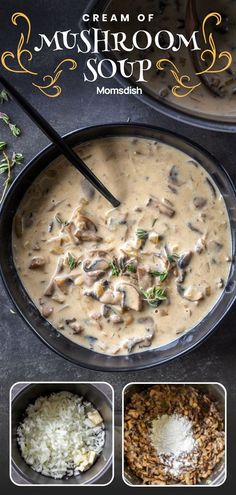 the recipe for mushroom soup is shown in three different pictures