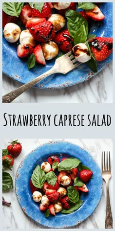 strawberry caprese salad on a blue plate with spinach leaves and strawberries