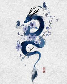 A Dragon, Tattoos, Flowers, Blue, Art