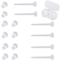 a set of seven pairs of white ear plugs with different sizes and shapes on them