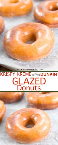 glazed doughnuts sitting on top of a tray with the words krispy kreme dunkin glazed donuts