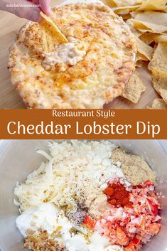 the ingredients to make cheddar lobster dip are in a bowl, and on top of