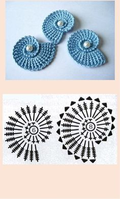 crochet patterns for earrings and brooches are shown in three different colors