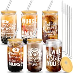 six mason jars with lids and straws in them, all labeled i'm nurse