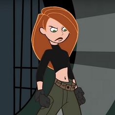 an animated woman with red hair and green pants standing in front of a jail cell