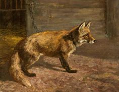 a painting of a fox standing in the dirt