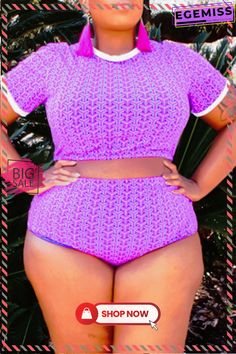 Purple Sexy Print Patchwork O Neck Plus Size Two Pieces Lounge Music, Plus Size Two Piece, Workout Crop Top, Crop Top And Shorts, Plus Size Swimwear, Wholesale Fashion, Black Print, Neck Designs, Two Pieces